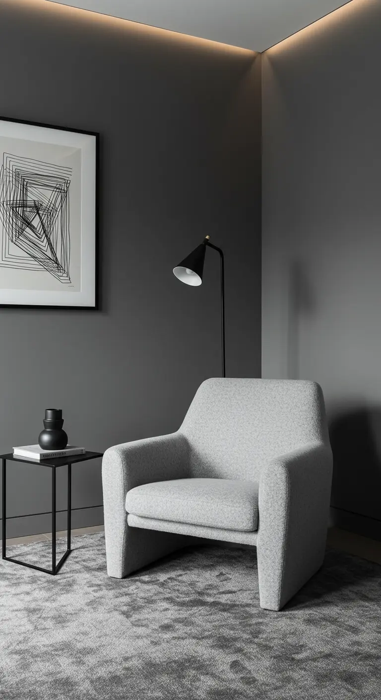 Minimalistische grijze hoek met een sculpturale fauteuil, een strak bijzettafeltje en abstracte kunst.