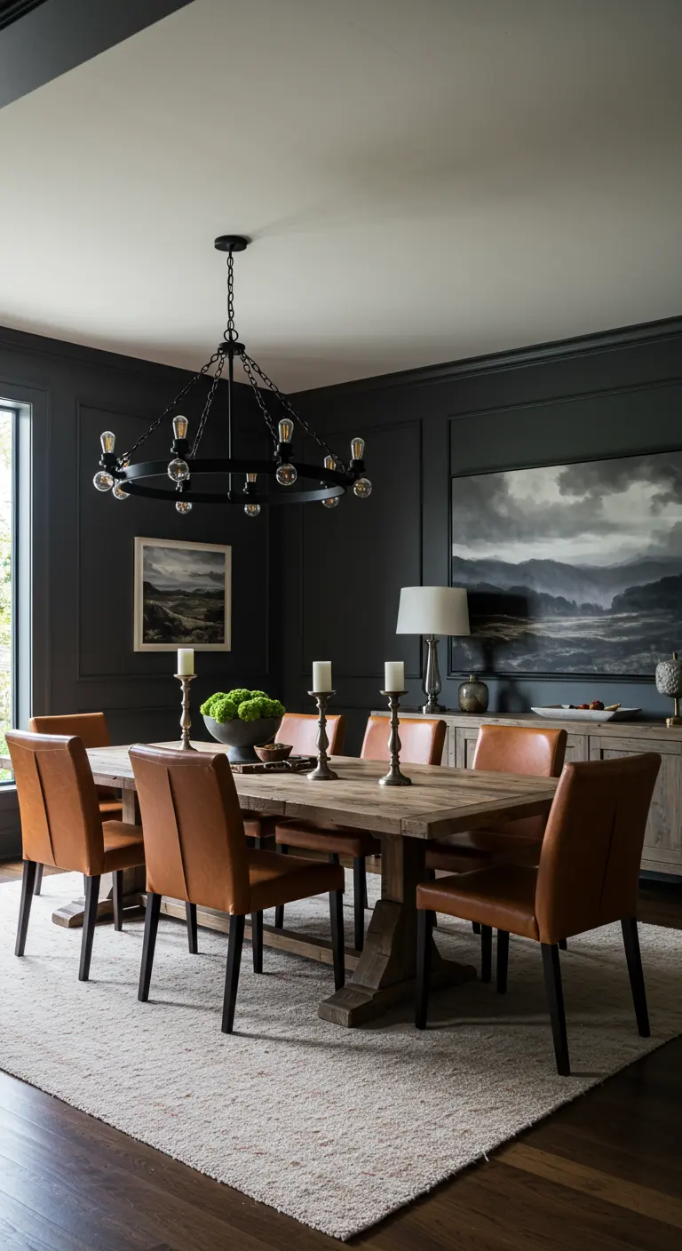 Eetkamer met donkergrijze muren, houten tafel, leren stoelen en een industriële hanglamp.