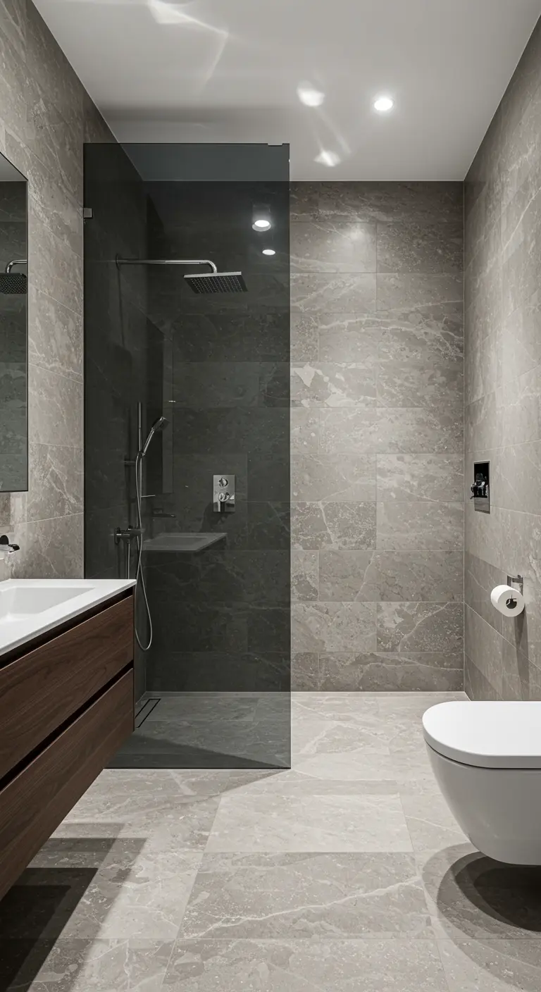 Moderne badkamer met grijze marmeren tegels, inloopdouche met donker glas en houten meubel.