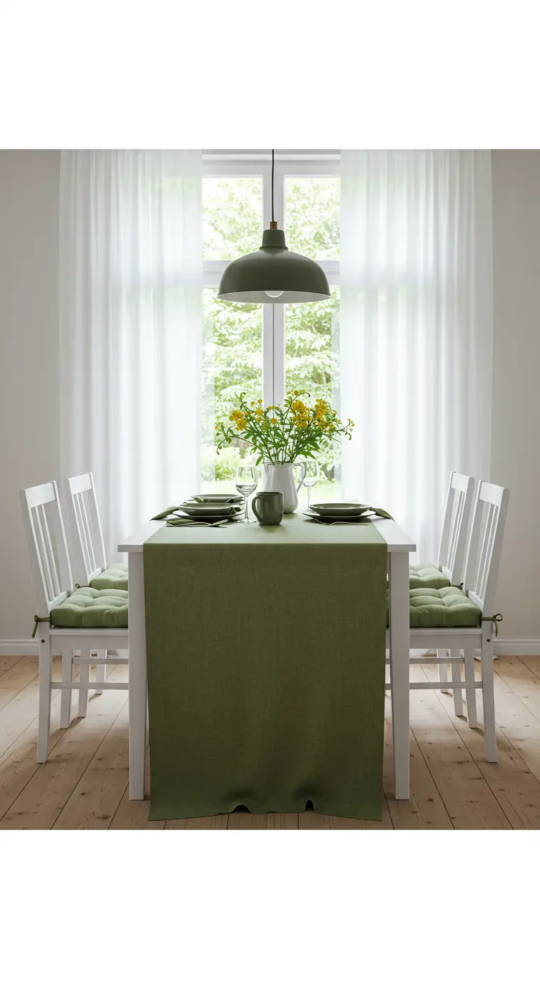 Witte eettafel met een olijfgroene loper, bijpassende kussens op de witte stoelen en gele bloemen.