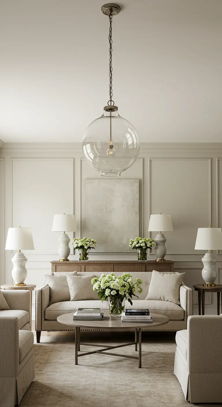 Klassieke woonkamer met een glazen lantaarnlamp en vier identieke tafellampen.