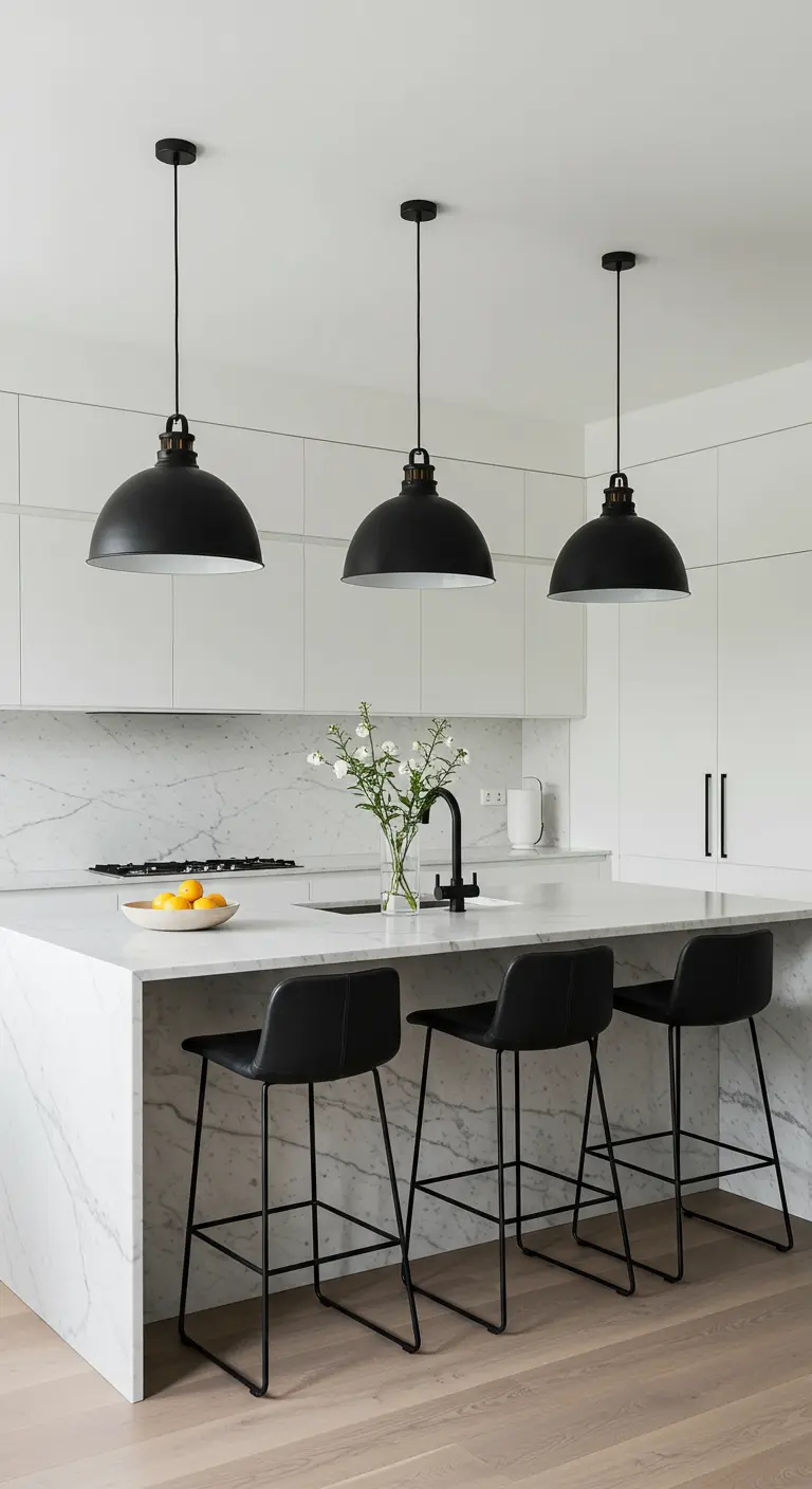 Witte marmeren keuken met drie grote zwarte hanglampen boven het kookeiland en zwarte barkrukken.