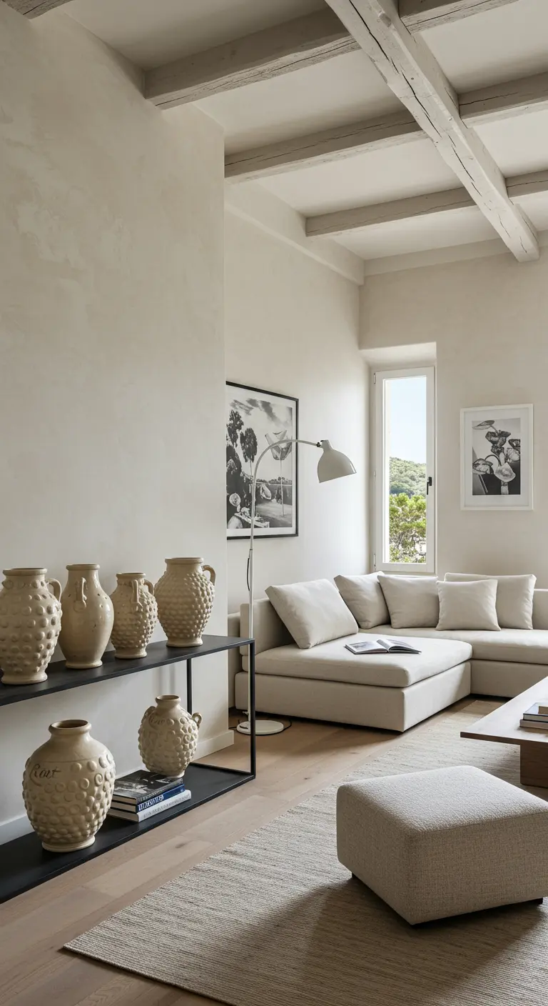Lichte, moderne woonkamer met een zwarte sidetable vol met crèmekleurige, getextureerde aardewerken vazen.