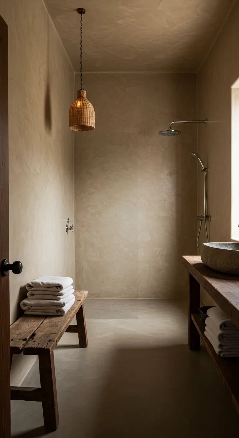 Badkamer met beige, getextureerde muren, een rustiek houten bankje en een rieten hanglamp.