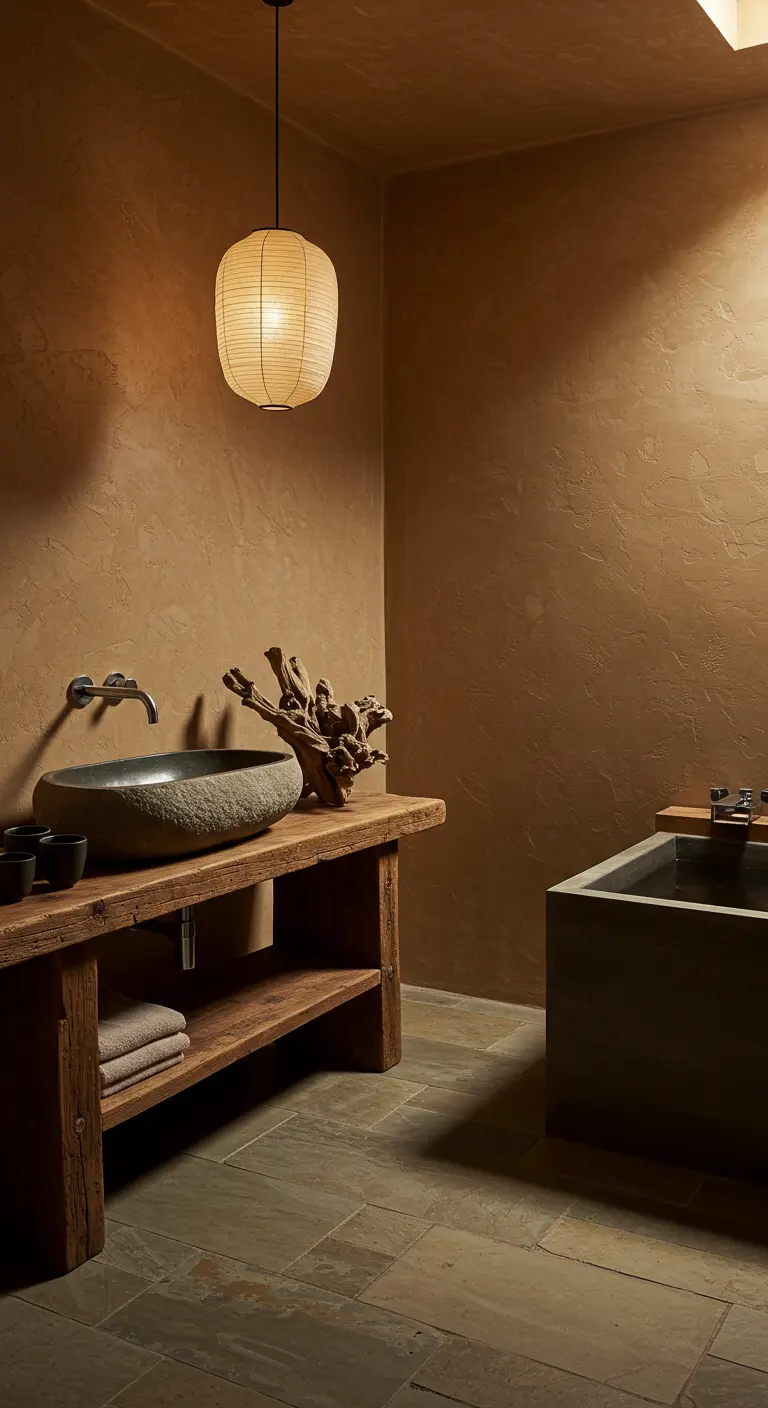 Wabi-sabi badkamer met donkerbeige getextureerde muren, stenen waskom en houten meubel.