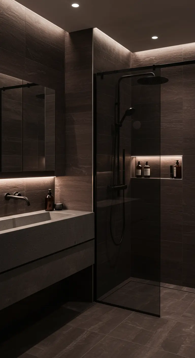 Moderne badkamer met donkere auberginekleurige tegels en indirecte ledverlichting in nissen.
