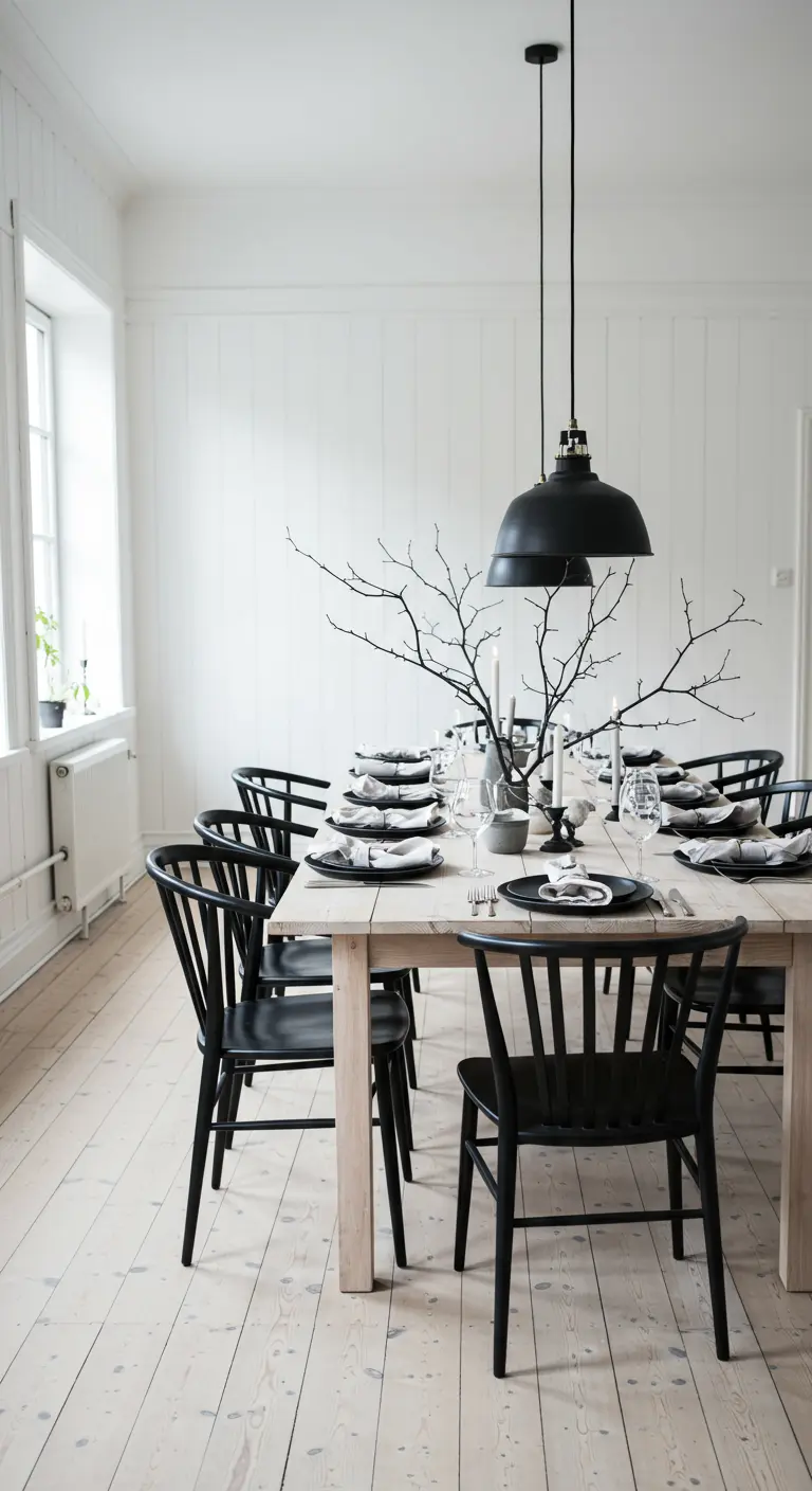 Minimalistisch gedekte eettafel met zwarte stoelen en een kale tak als centerpiece.