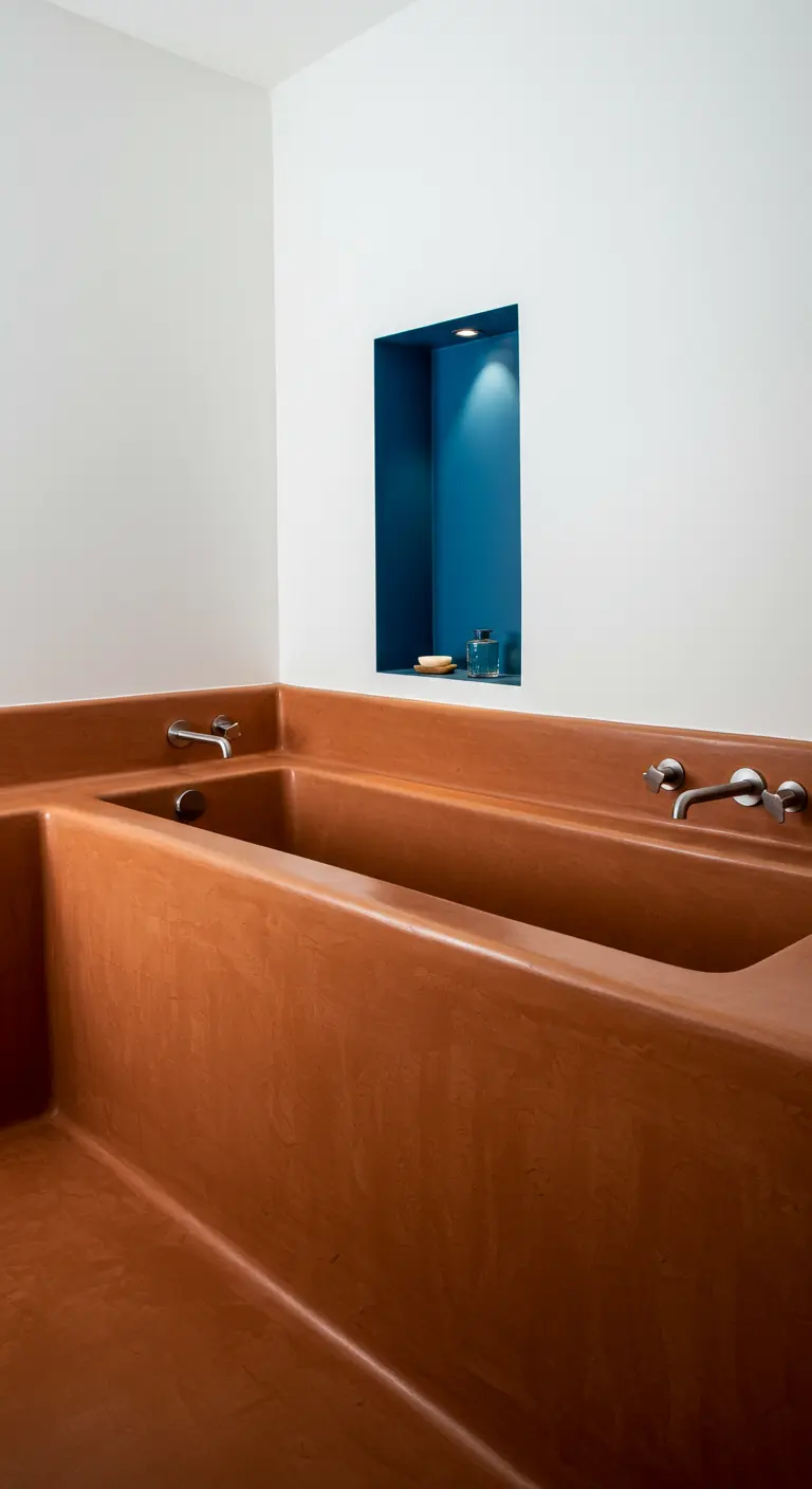 Op maat gemaakt bad van terracotta-kleurig pleisterwerk met een diepblauwe nis.
