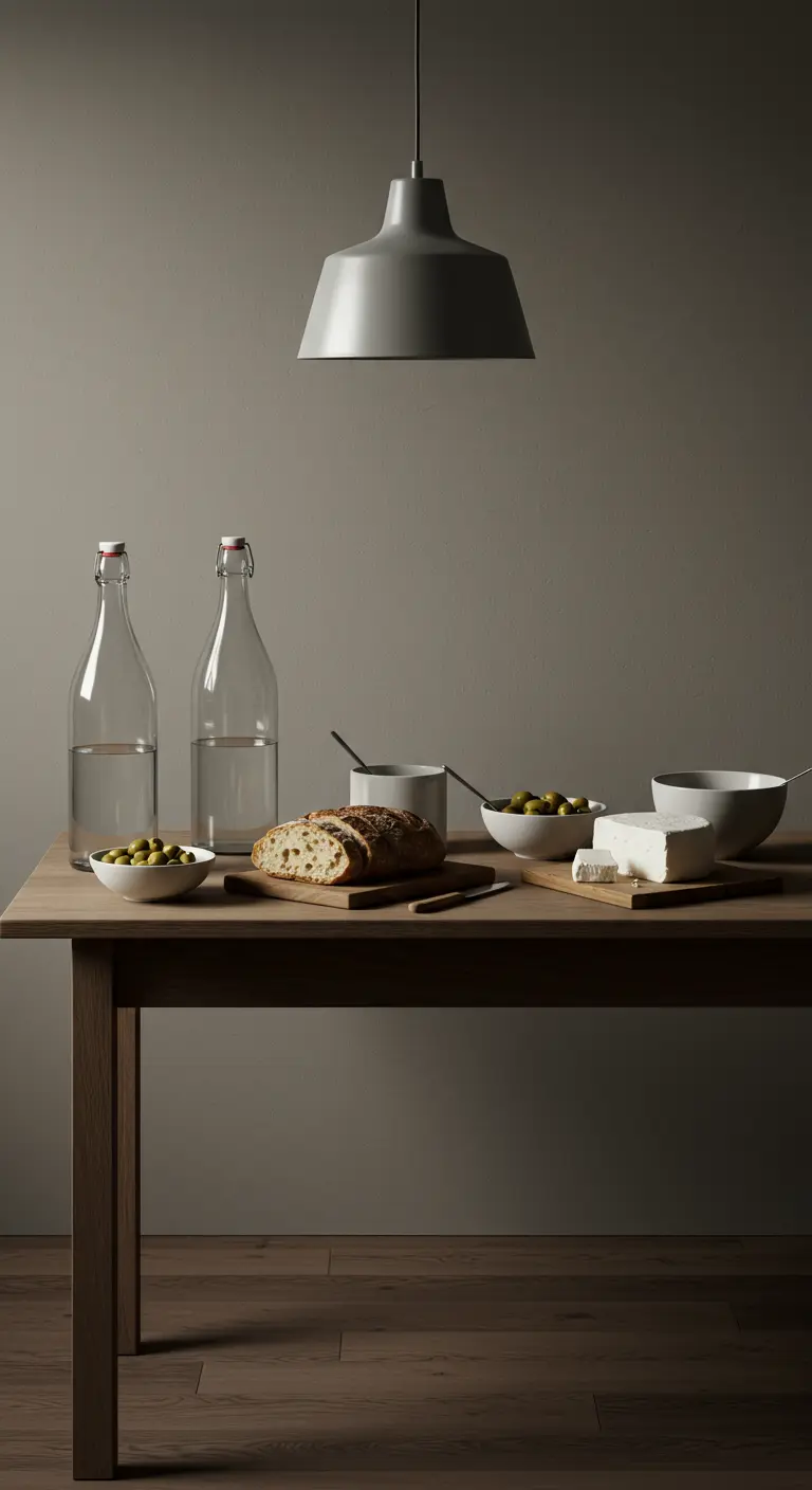 Minimalistische tafel met brood, olijven en kaas onder een industriële lamp.