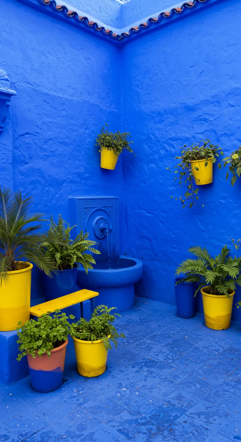 Binnenplaats volledig geschilderd in Majorelle blauw, met gele potten en groene planten.