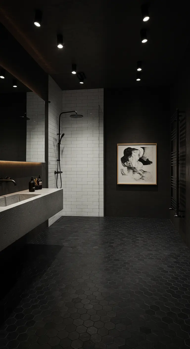Donkere badkamer met matzwarte hexagon vloertegels, betonnen wastafel en witte metrotegels in de douche.