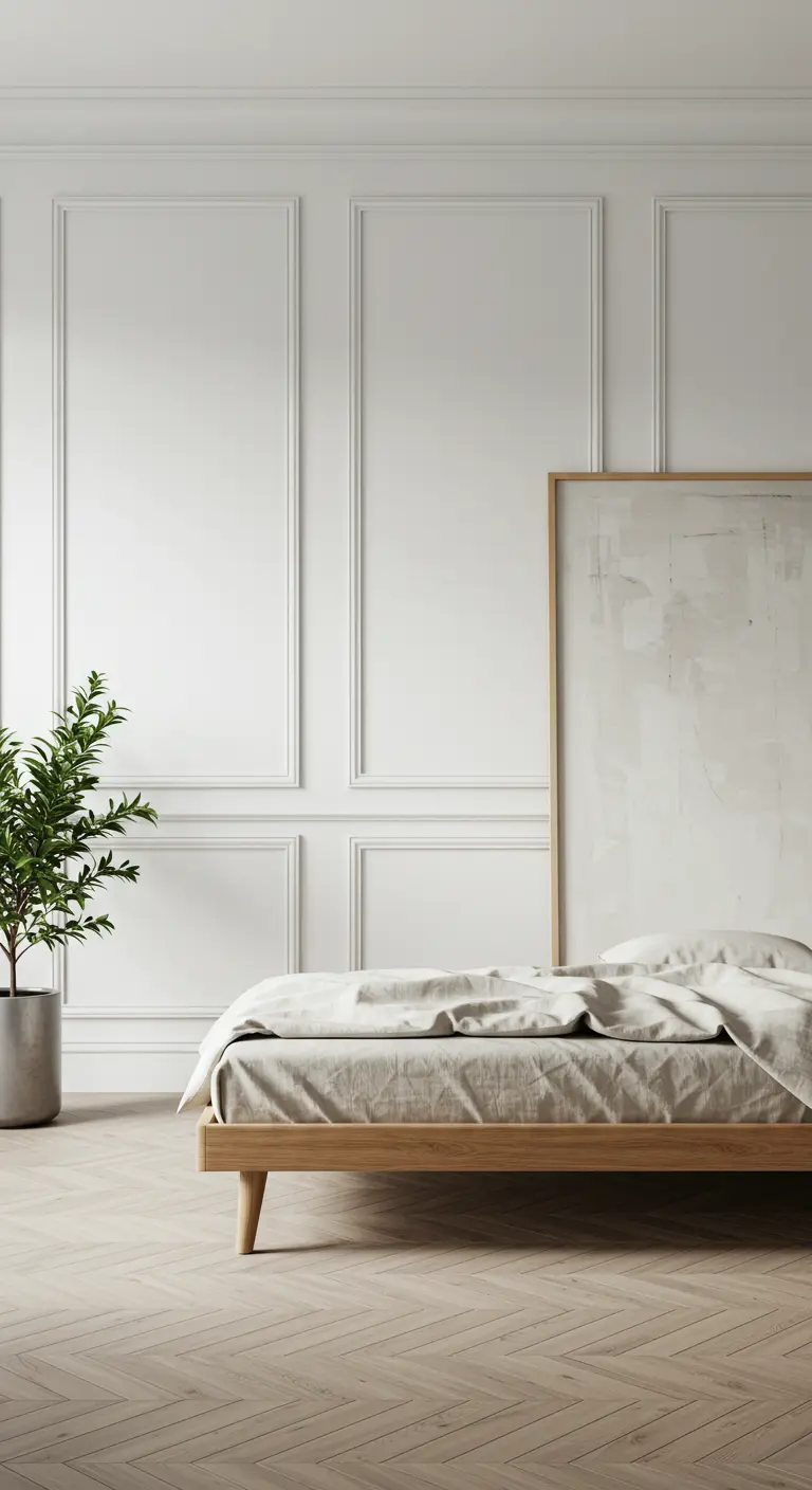 Witte minimalistische slaapkamer met wandpanelen en een groot kunstwerk.