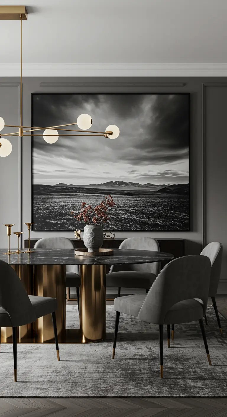 Moderne grijze eetkamer met een groot zwart-wit landschapsfotografie-kunstwerk, grijze stoelen en een tafel met gouden voet.