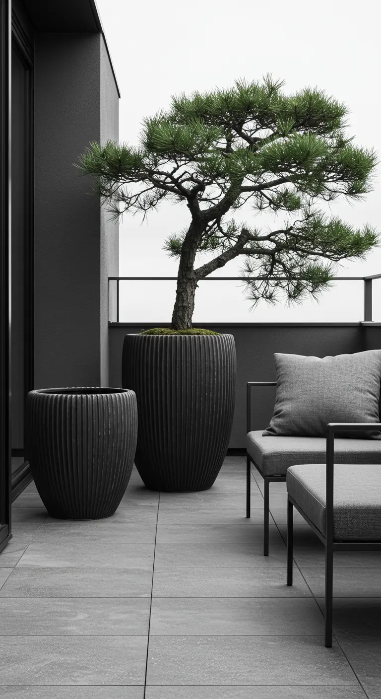Modern, monochroom balkon met grote zwarte potten en grijze meubels.