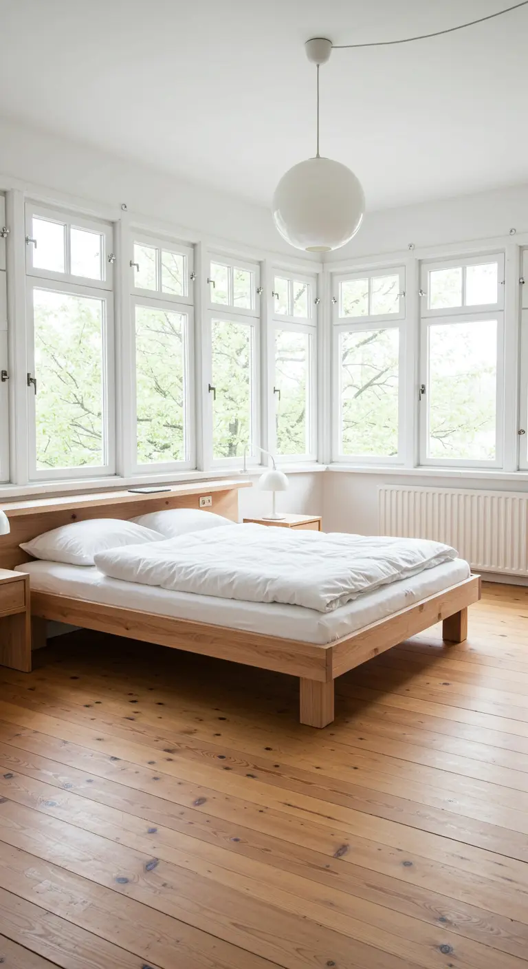 Slaapkamer met veel ramen, houten bed, witte lakens en papieren hanglamp.