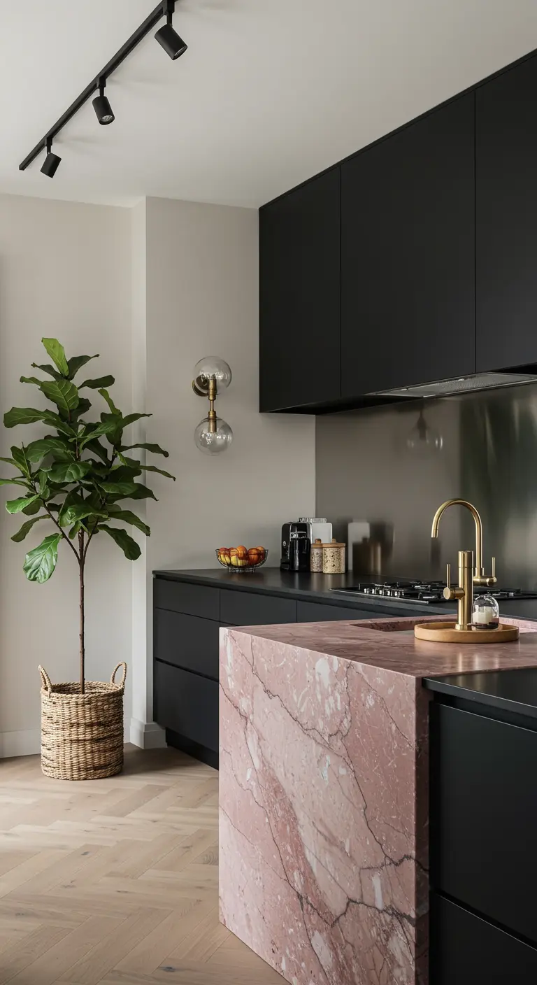 Zwarte keuken met een opvallend keukeneiland van roze marmer en een grote vioolbladplant.