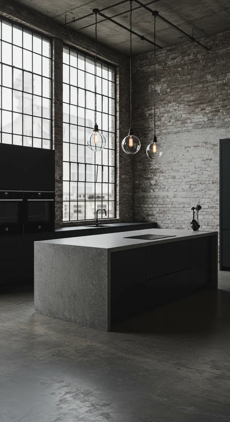 Industriële keuken met bakstenen muur, donkergrijze kasten en een betonnen kookeiland.