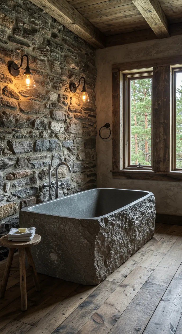 Rechthoekig bad van ruwe natuursteen in een rustieke badkamer met stenen muur.