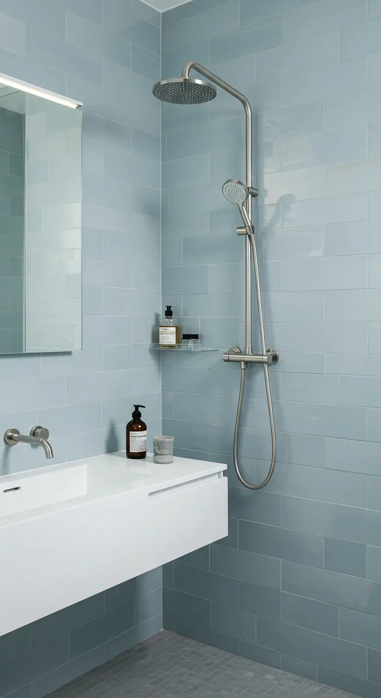 Minimalistische badkamer met lichtblauwe langwerpige zelliges en een witte wastafel.