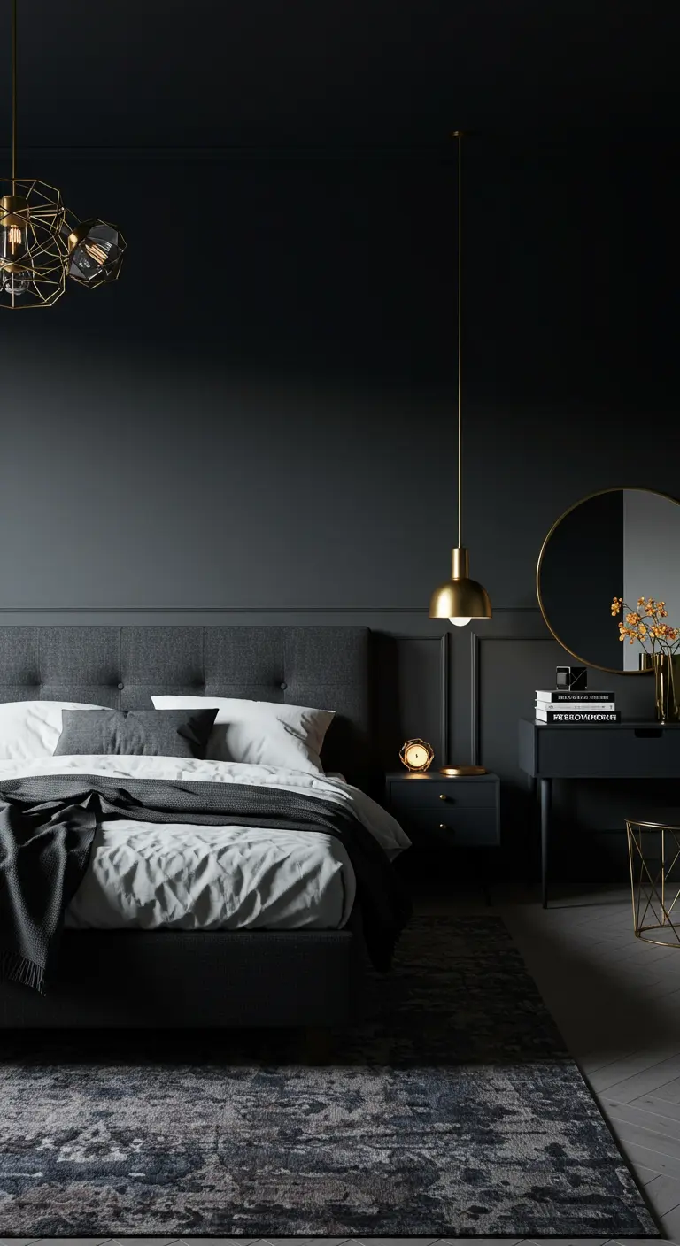Moderne, donkergrijze slaapkamer met een zwart plafond, gouden hanglamp en een grote ronde spiegel.