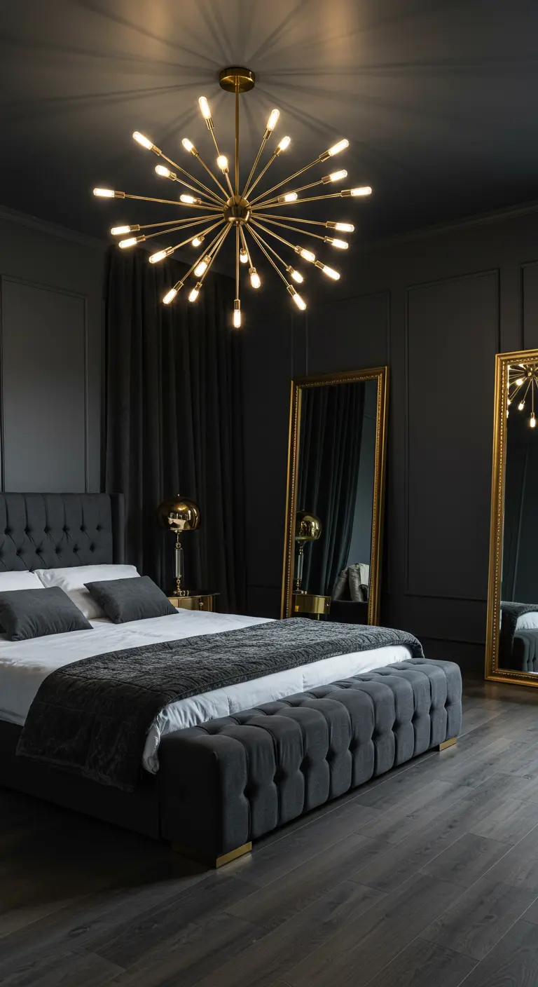 Donkergrijze slaapkamer met gecapitonneerd bed, twee gouden spiegels en sputnik-lamp.