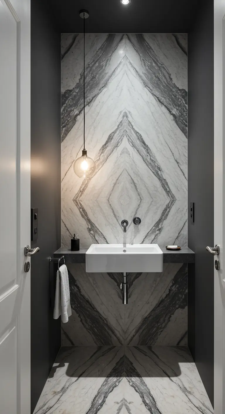 Toiletruimte met symmetrisch 'bookmatched' marmer als achterwand.