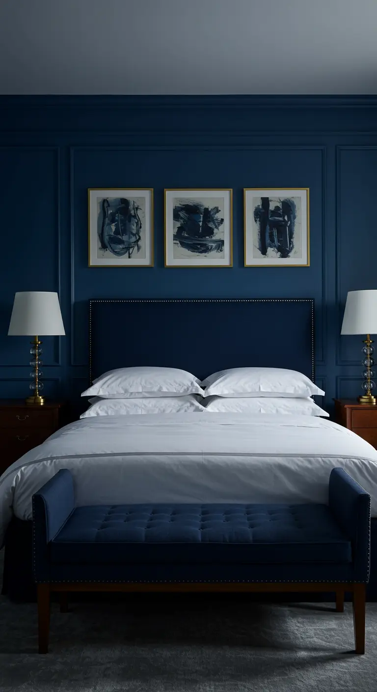 Symmetrische slaapkamer in nachtblauw met drie kunstwerken boven het bed en twee identieke lampen.