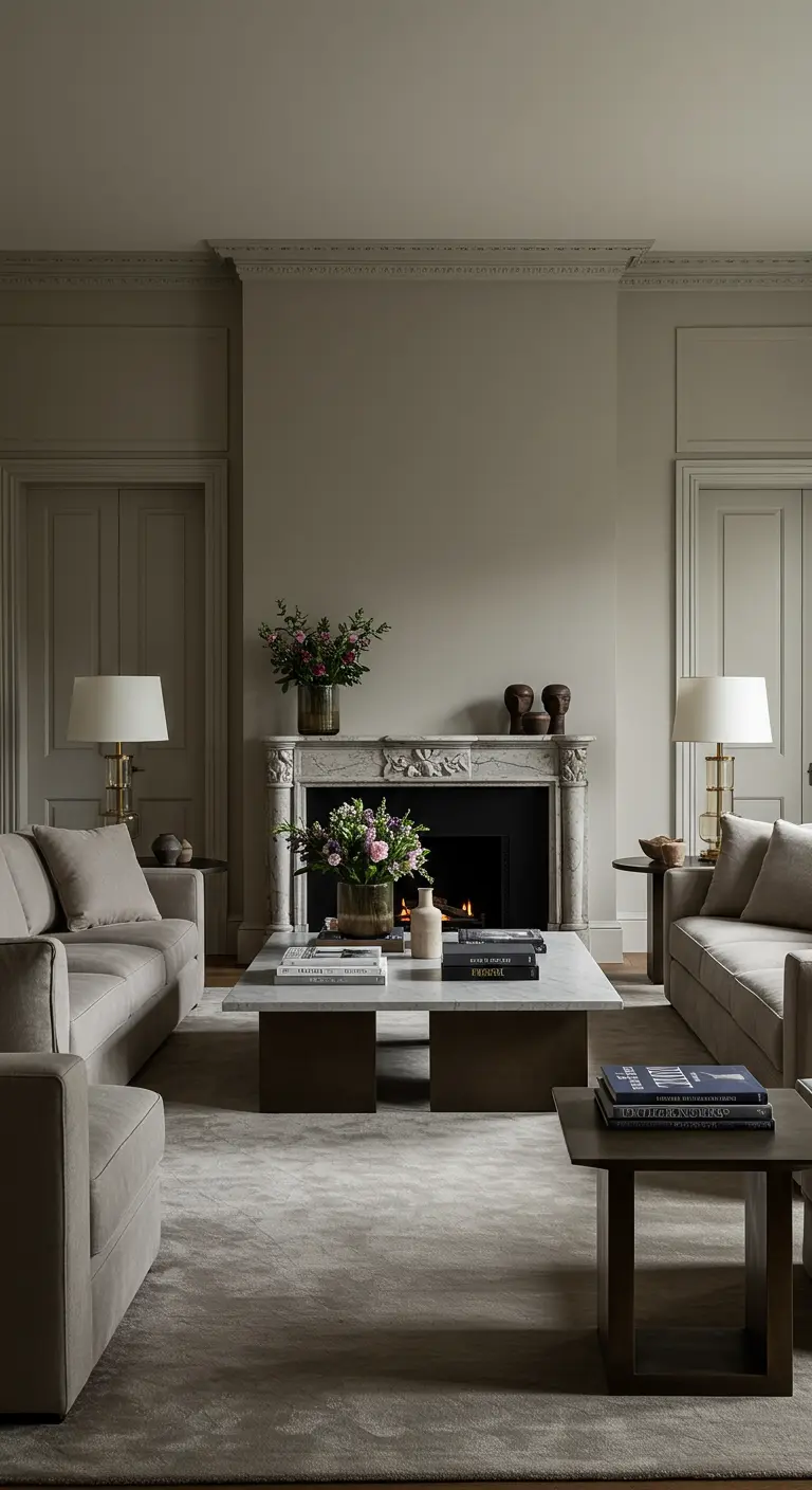 Klassieke, symmetrische woonkamer met twee banken tegenover elkaar en een centrale schouw.