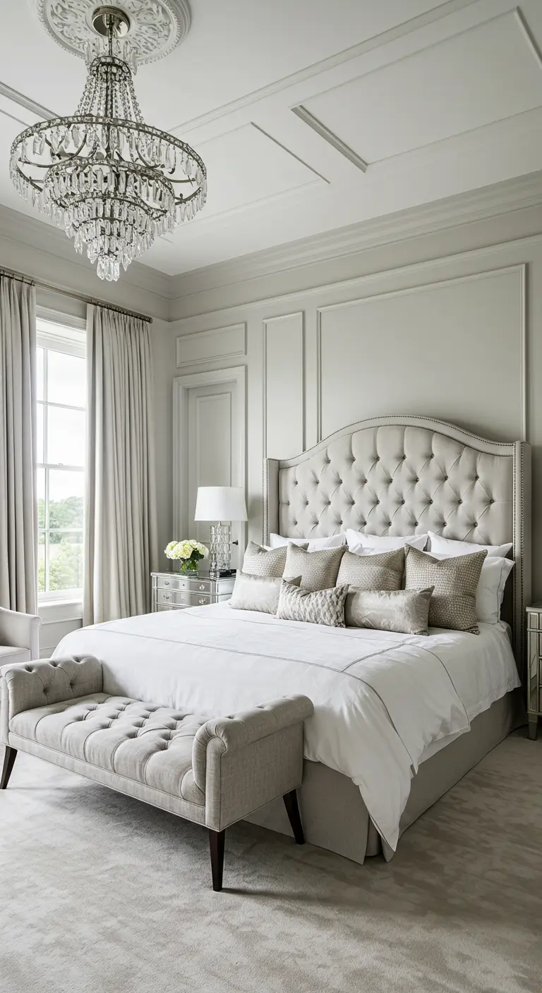 Grijze, luxe slaapkamer met een gecapitonneerd hoofdbord, kroonluchter en symmetrische indeling.