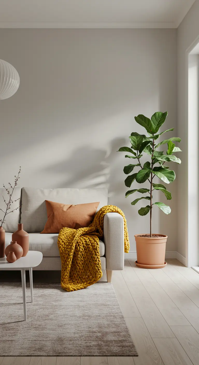 Minimalistische woonkamer met beige bank, okergeel plaid en een terracotta kussen.