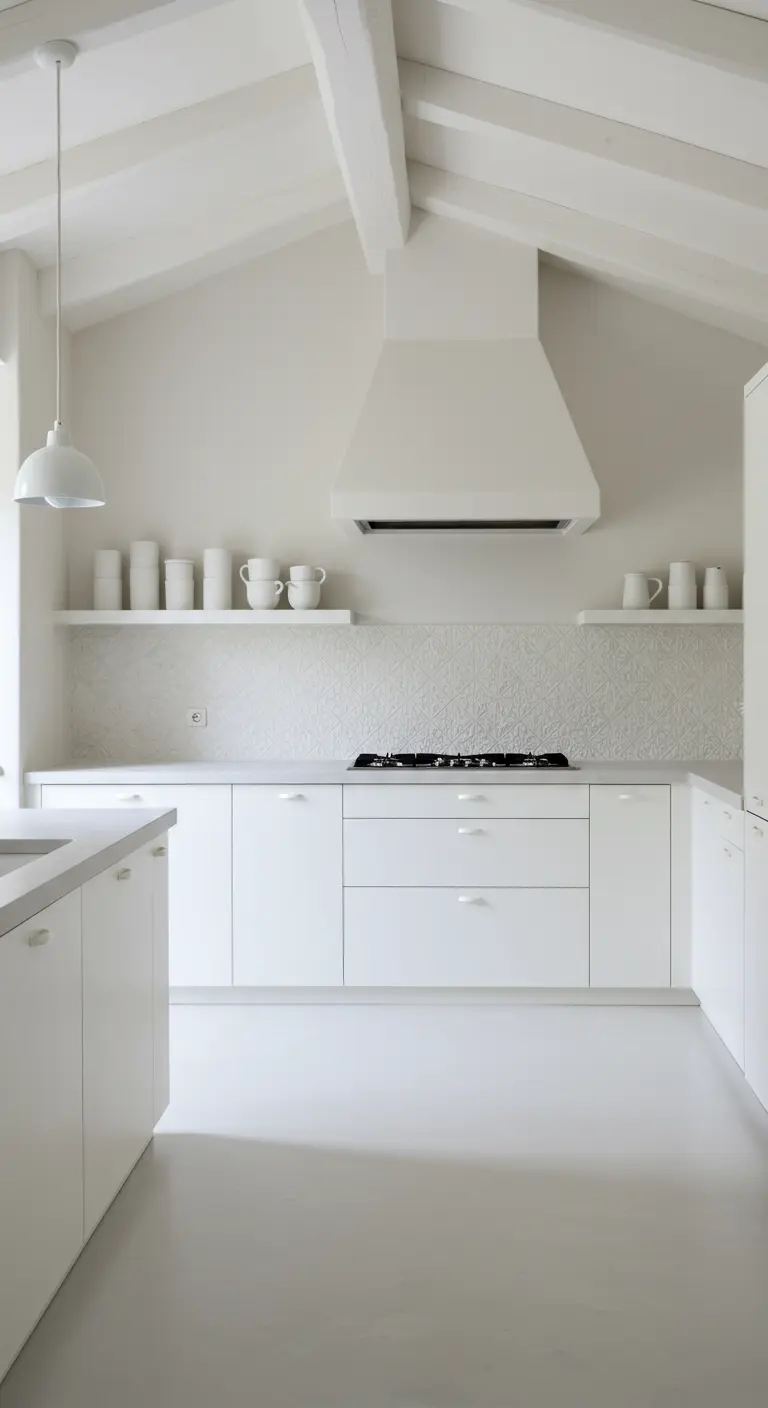 Serene, volledig witte keuken met balkenplafond, open plank en subtiele textuurtegels.