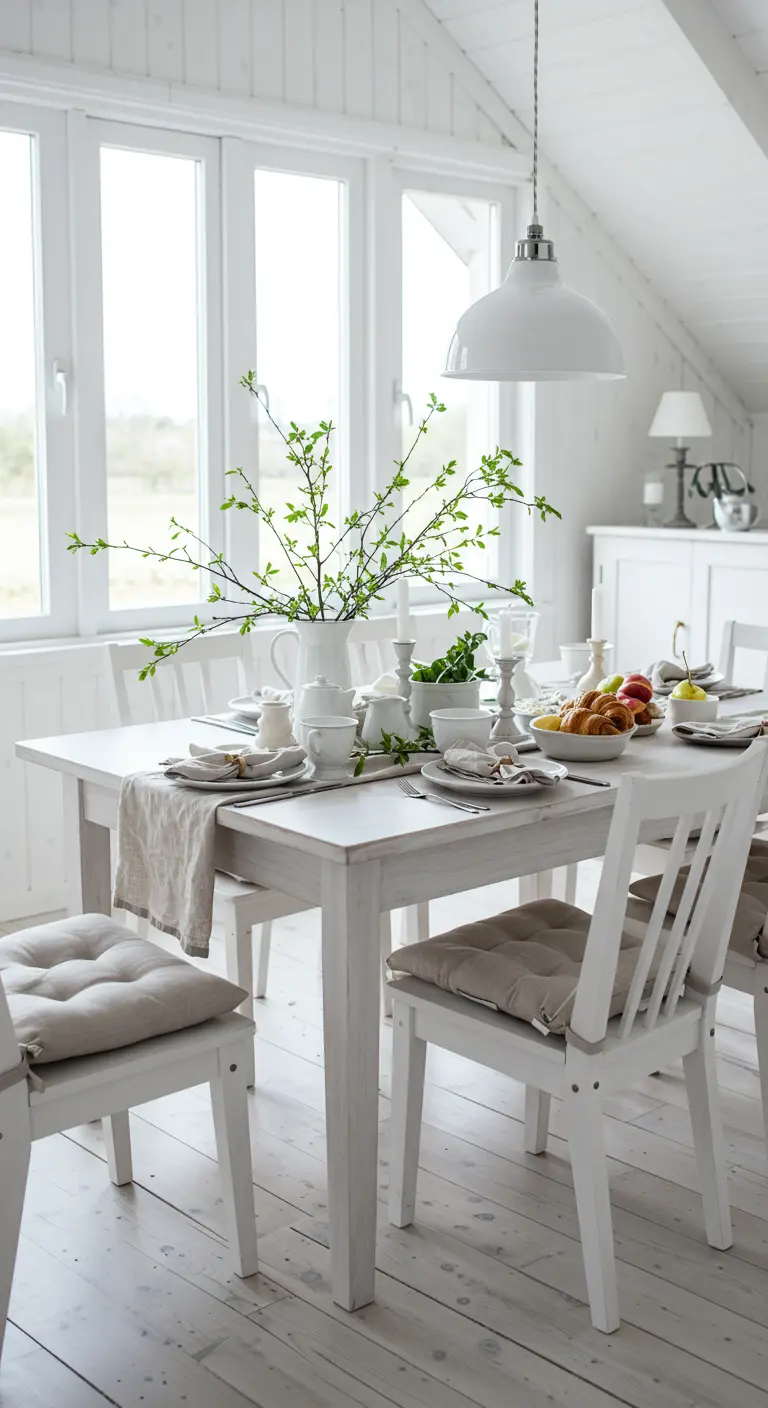 Lichte, witte eetkamer met een witte tafel gedekt voor een brunch, met groene takken in een kan.