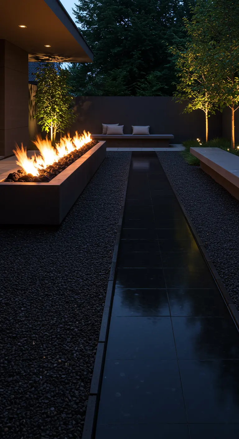 Moderne, donkere tuin 's nachts met een lange vuurplaats naast een strak waterkanaal.