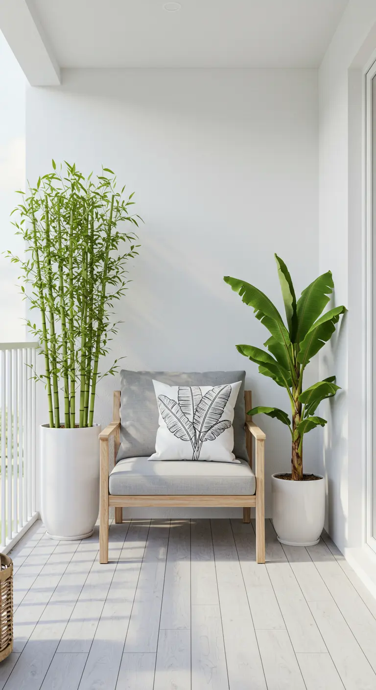 Wit, minimalistisch balkon met een houten stoel, bamboe en een bananenplant in witte potten.
