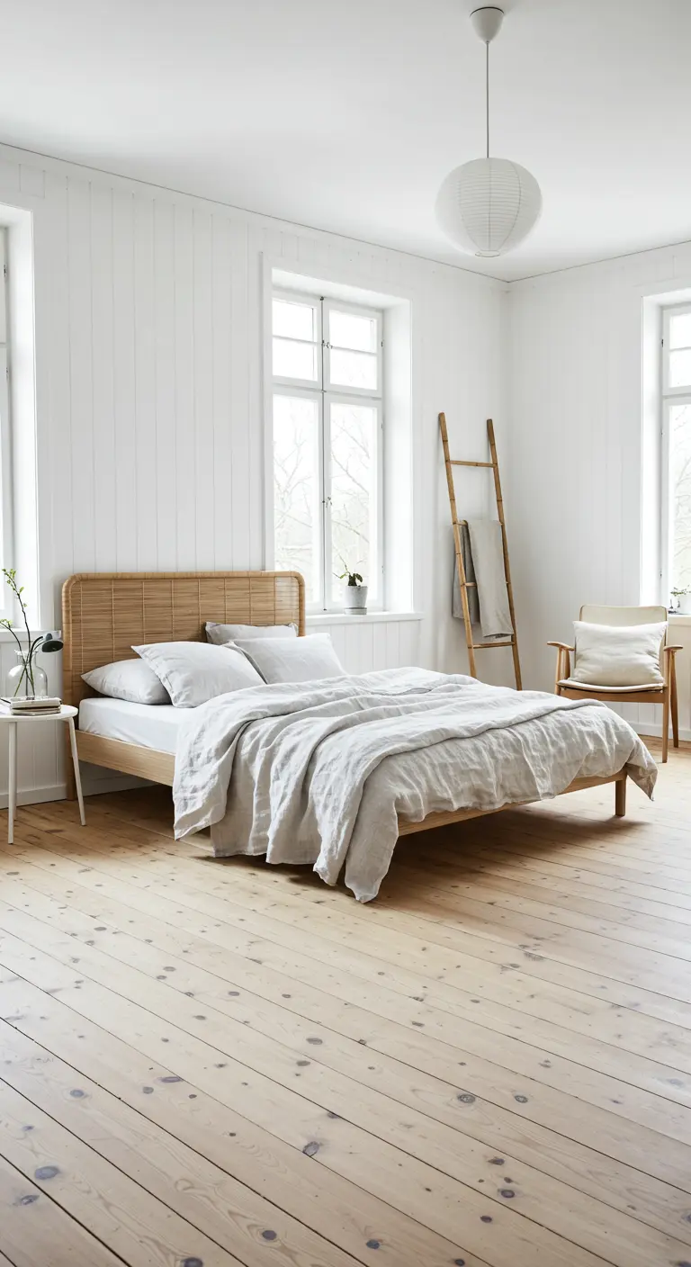Lichte Scandinavische slaapkamer met houten vloer, rotan hoofdeinde en wit linnen.