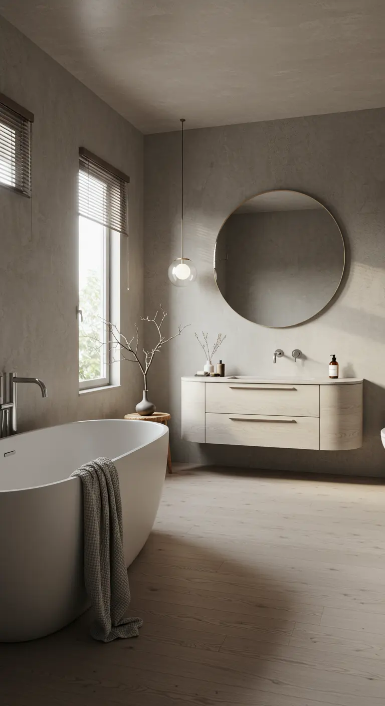 Lichte badkamer met beton ciré, een vrijstaand ovaal bad en een grote ronde spiegel.