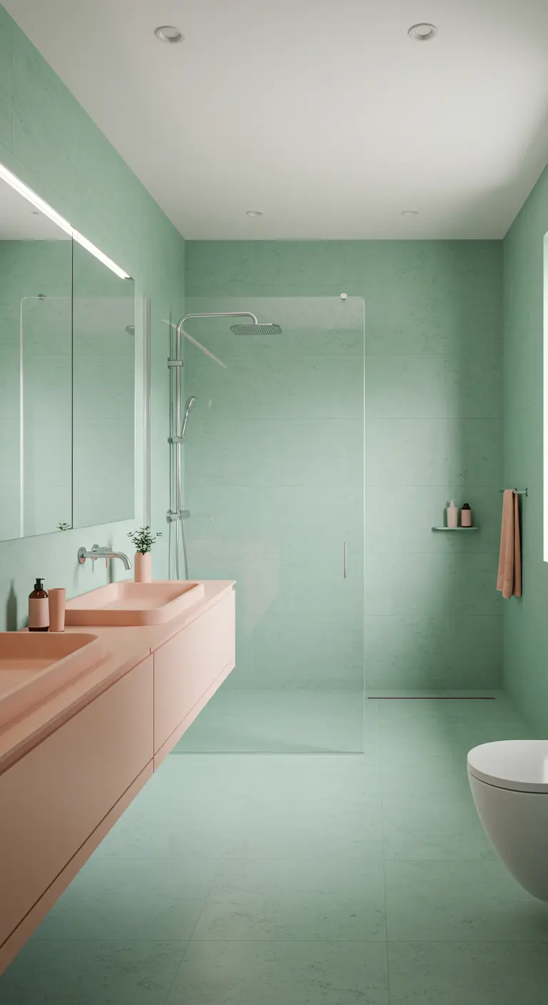 Minimalistische badkamer met mintgroene muren en vloer, en een zwevend roze wastafelmeubel.