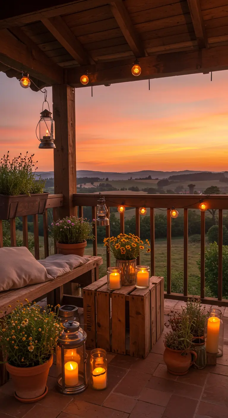 Rustiek balkon met uitzicht, houten kistjes als tafel en veel kaarslicht bij zonsondergang.