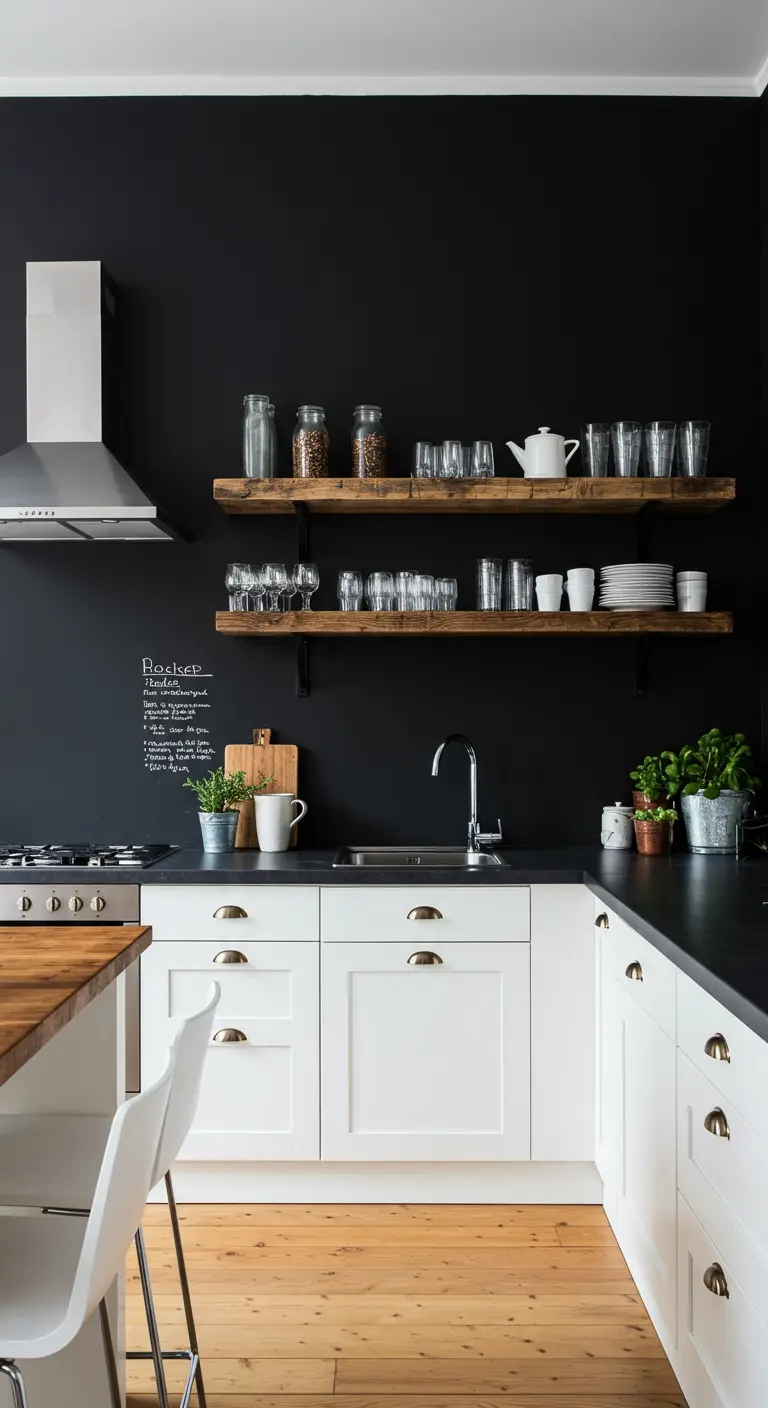 Keuken met een zwarte krijtverfmuur, open houten planken en witte onderkastjes.