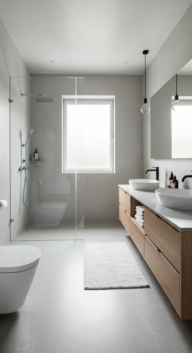 Lichte betonciré badkamer met een zwevend houten meubel en een grote inloopdouche.