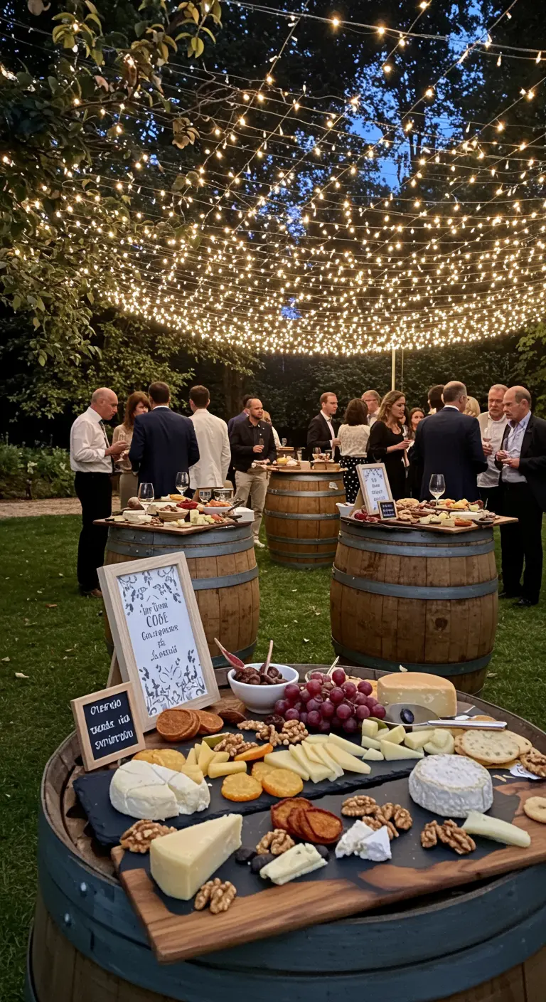 Buffet van kaasplanken en charcuterie, geserveerd op houten vaten in de tuin.