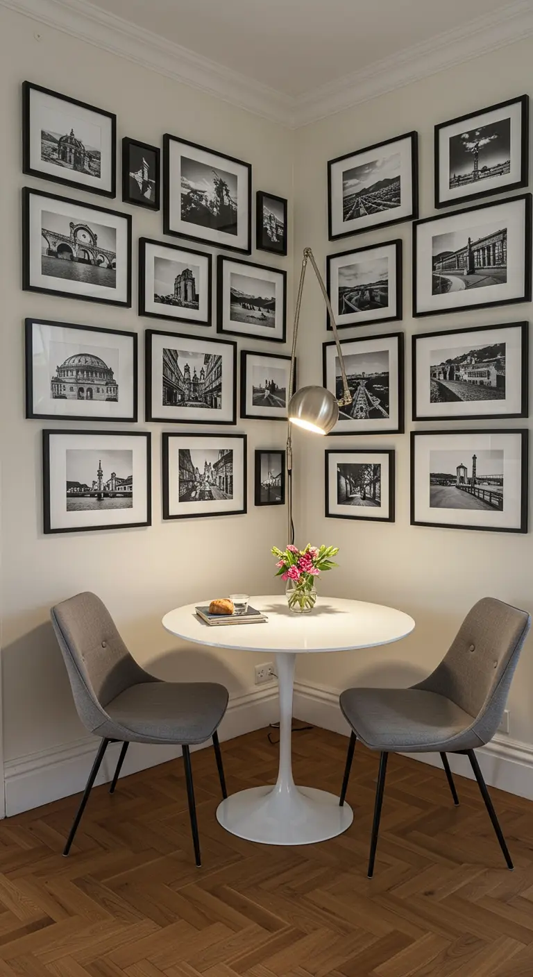Gezellige eethoek in een hoek met een galerijwand van zwart-wit foto's.