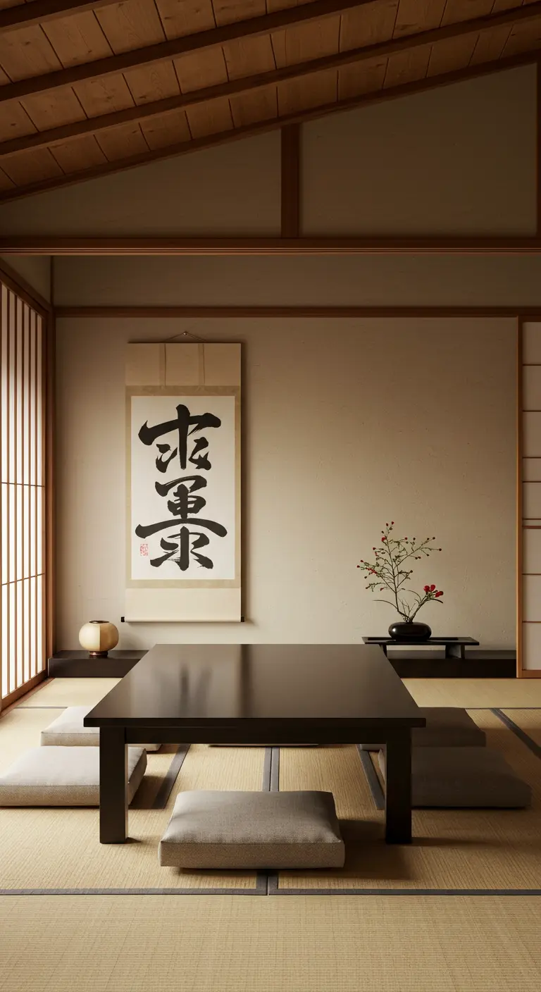 Japanse eetkamer met een lage tafel, vloerkussens en een kalligrafie-rol aan de muur.