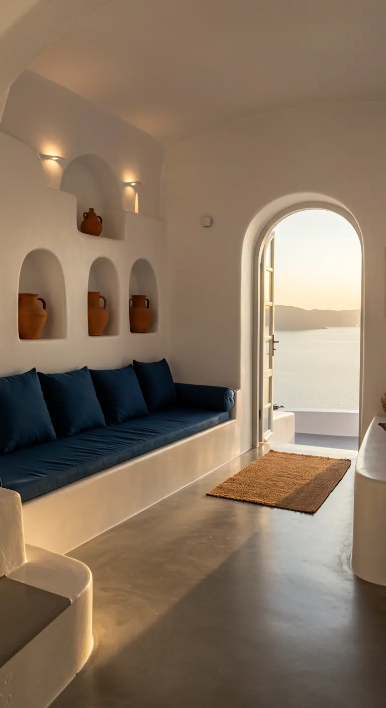 Witte woonkamer in Santorini-stijl met ingebouwde nissen, een blauwe bank en uitzicht op zee.