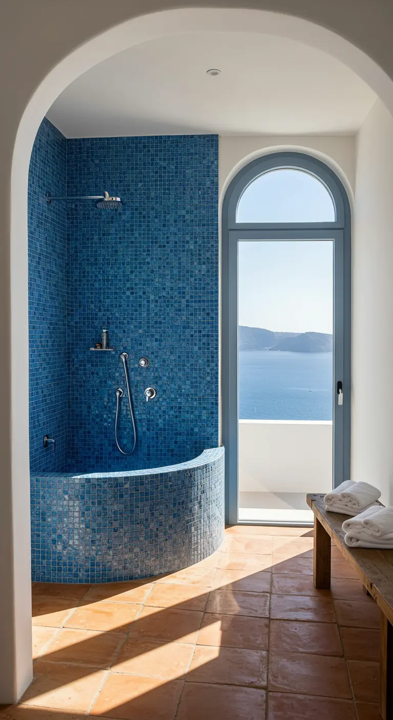 Gebogen bad en douche met blauwe mozaïektegels en terracotta vloer.