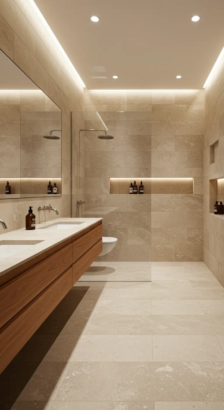 Moderne badkamer met zandkleurige tegels, een zwevend houten meubel en verlichte nissen.