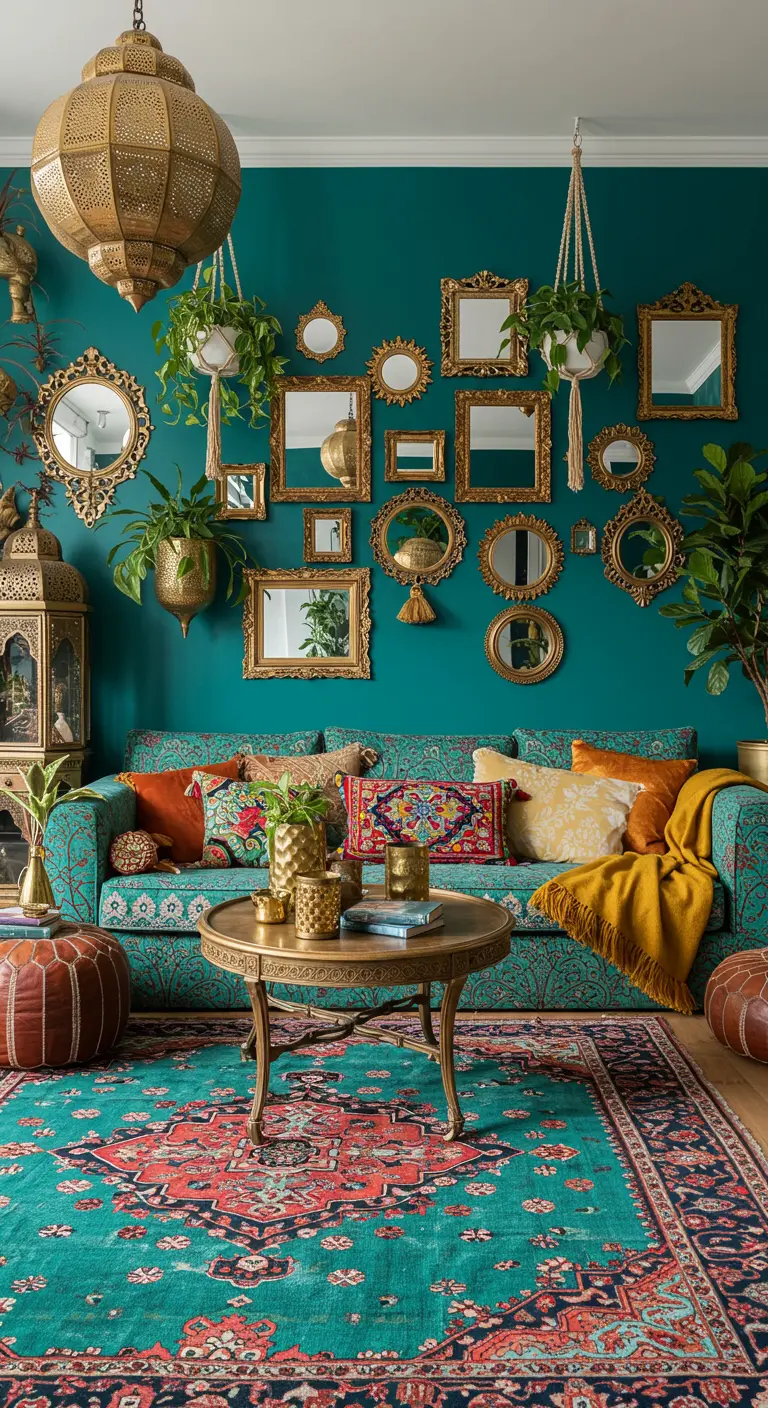 Bohemian woonkamer met donkergroene muur, een collectie gouden spiegels en hangplanten.
