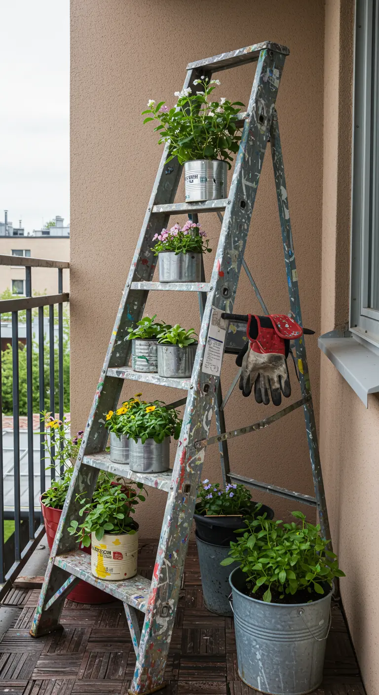 Verfbespatte metalen ladder gebruikt als plantenrek, met planten in oude blikken op een balkon.
