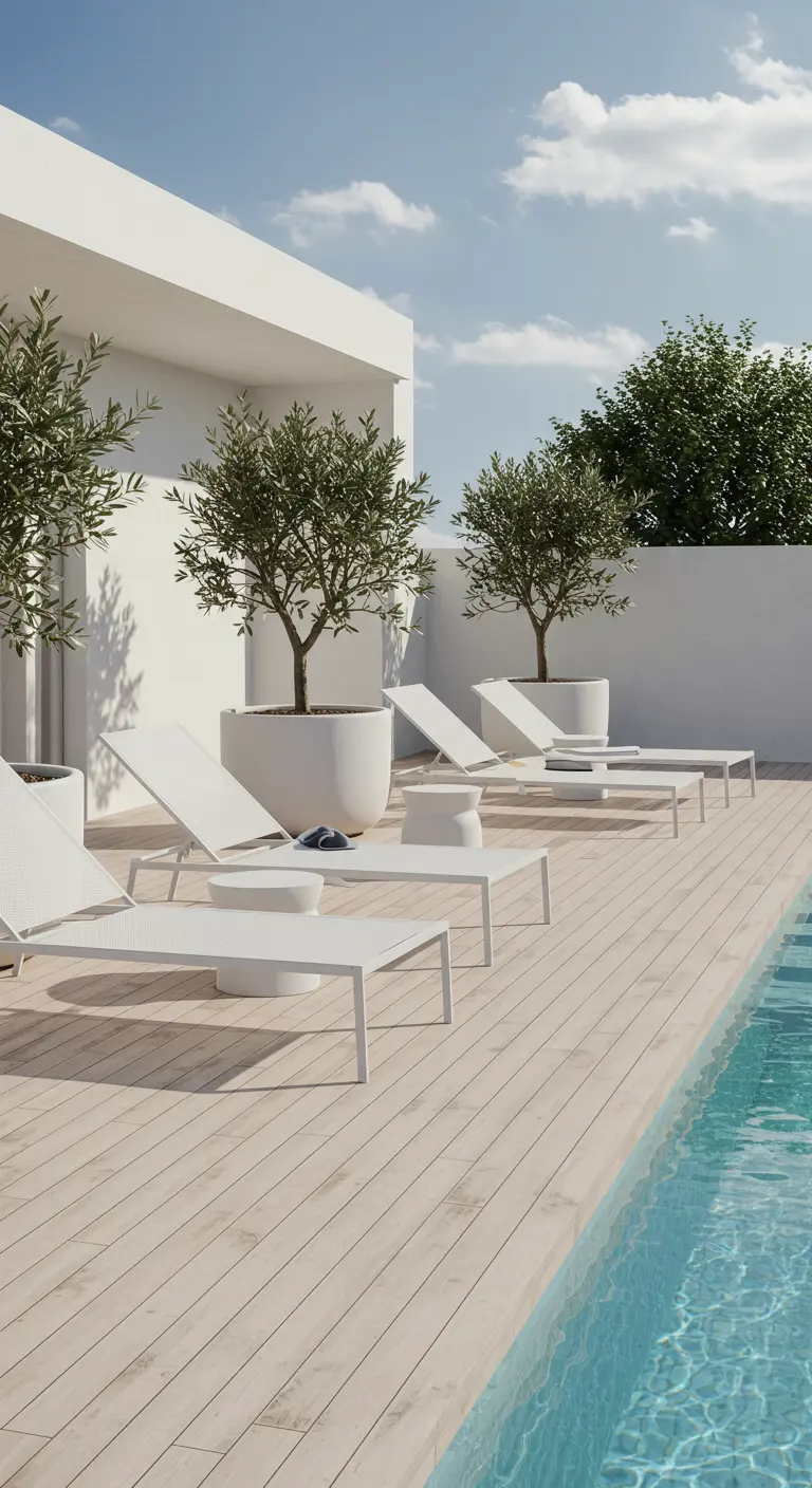 Strak terras bij een zwembad met witte ligbedden en olijfbomen in witte potten.