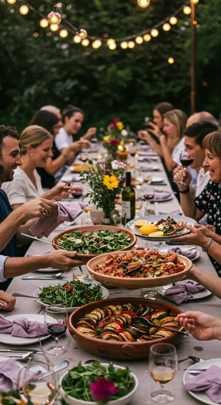 Gasten aan een lange tafel die grote schalen met eten delen.